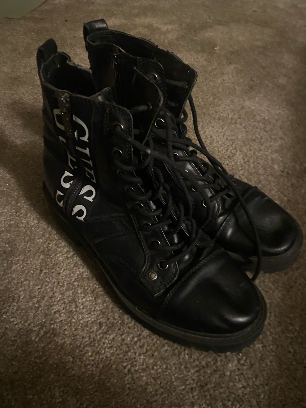 GUESS Black Lace-Up Combat Boots with White Side Logo